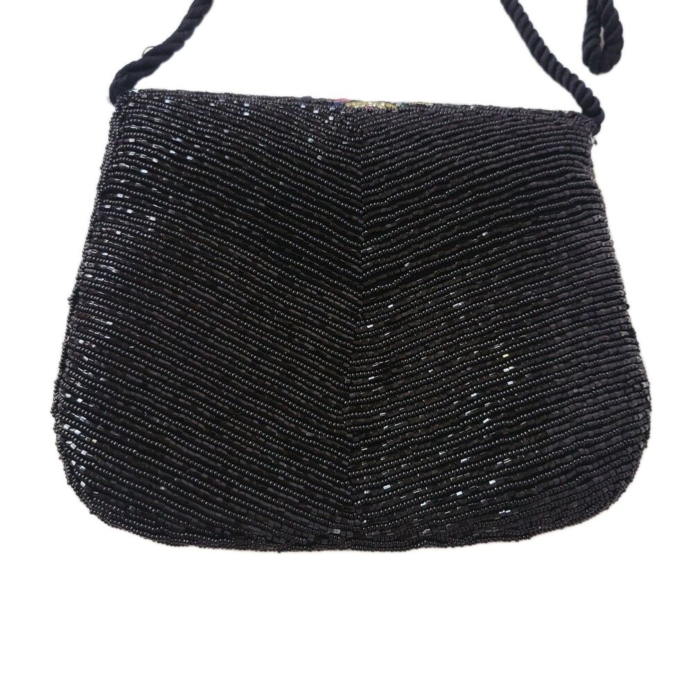Vintage Black Beaded Evening Bag Rope Strap Art Deco Style - Picture 4 of 8